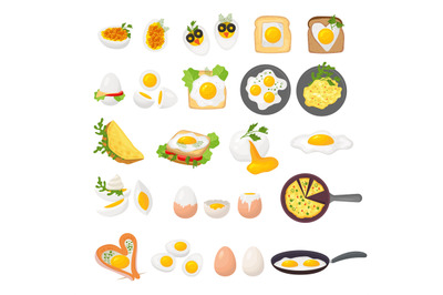 Eggs. Fried and boiled products from eggs recent vector culinary set i