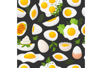 Eggs pattern. Organic food preparing from eggs recent vector seamless