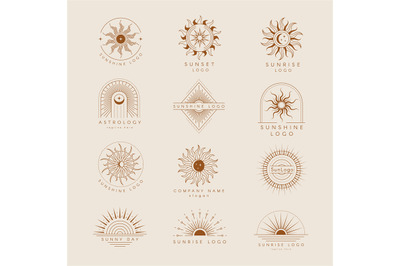 Sun logo. Badges or emblems with starburst linear trendy style recent