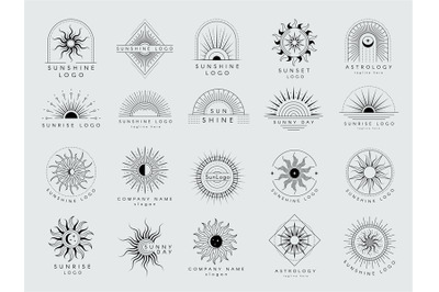 Decorative sun. Shine stylized sun emblems linear starburst template f