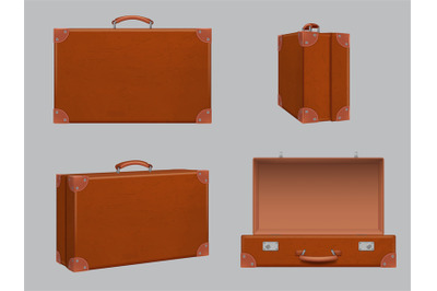 Travel baggage. Retro realistic suitcase different side and front view