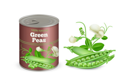 Green peas label. Canned products banner realistic template decent vec