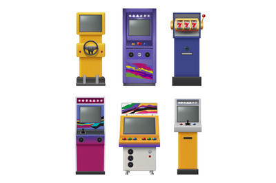 Retro game machines. Arcade slot and gambling machines decent vector c