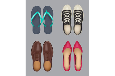 Shoes top view. Man and woman different types of paired shoes slippers