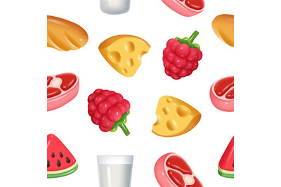 Food pattern. 3d pictures of grocery food decent vector realistic seam