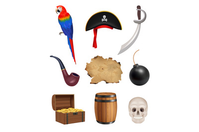 Pirate set. Skull bones parrot old vintage map decent vector corsairs