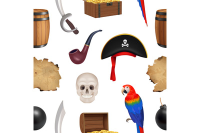 Pirate pattern. Corsair items old map skull and bones parrot pirate tr