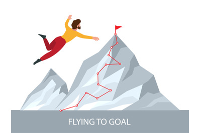 Business goal. Businessman flying to the big mountain visualization of