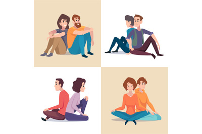 Couple sitting. male and female people sitting in different poses. vec