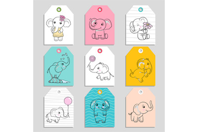 Elephant cards. cartoon funny baby elephants in action poses. vector t