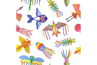 Kites pattern. Colored cartoon flying funny kites. Vector seamless bac