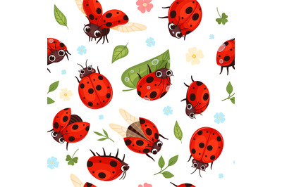 Ladybug pattern. Nature colored cartoon flying insects. Vector seamles