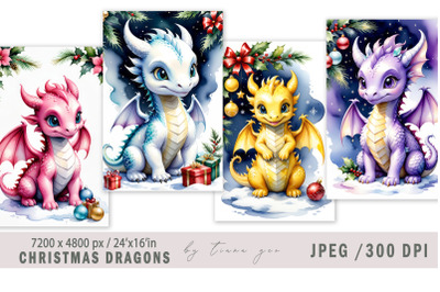 Christmas watercolor dragon illustration for prints- 4 Jpeg