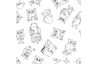 Owl pattern. Seamless background with cartoon comic birds owls