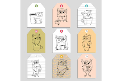 Owls cards funny birds owls in various poses. Vector tags or stickers