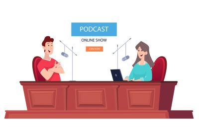 Radio presenters. Podcast show speakers talking together and sitting i