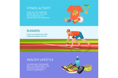 Runner banners. Fitness activities jogging and marathon sport items