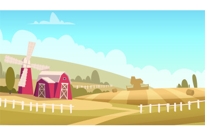 Rural landscape. Windmill and house in village. Vector cartoon backgro