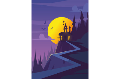 Scary castle. Dark fantasy background with big yellow moon and creepy