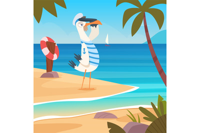 Seagull sailor. Funny cartoon bird standing and watching to sea horizo