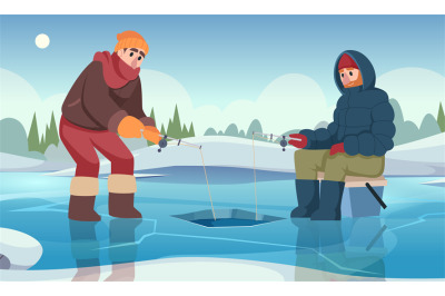 Winter fishing. Male characters with fishing rod catching fish in wint