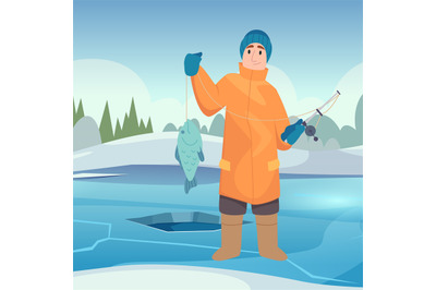 Winter fishing. Man with fish outdoor standing in winter season. Vecto