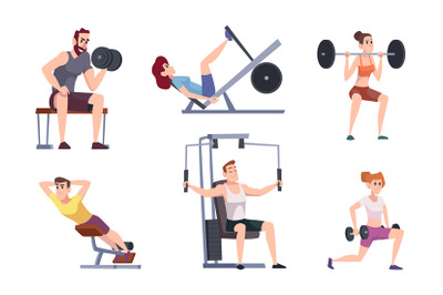 People at gym. Fitness characters workout exercises sport training exa