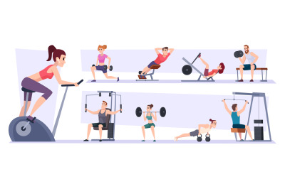 Fitness people. Sport characters making activity in fitness gym exact