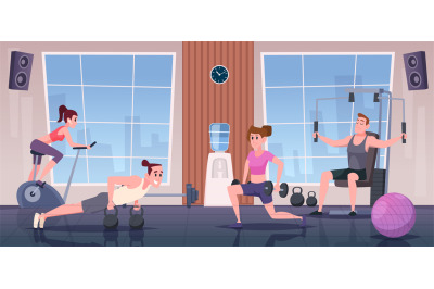 Gym interior. Sport activity in fitness center exact vector background