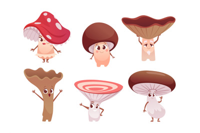 Mushroom characters. Funny vegetables characters exact vector mushroom
