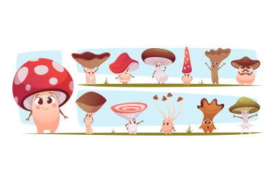 Mushroom. Cartoon characters mushroom in action poses and funny emotio