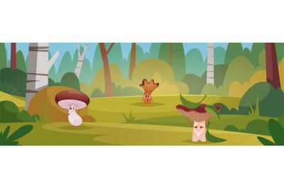 Mushroom mascot. Nature background with funny characters mushroom exac