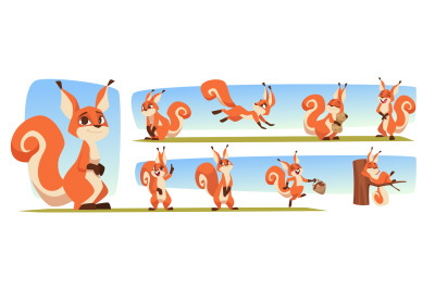 Squirrel. Forest animal in cartoon style action poses and funny emotio