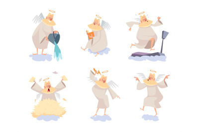 Angel on cloud. Elderly bearded god with funny poses holy old person e