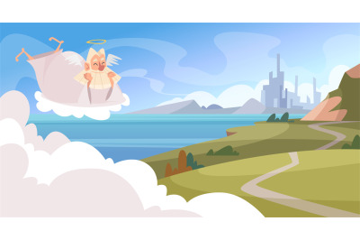 Holy sky. God or elderly angel sitting on cloud exact vector cartoon b