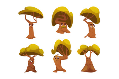 Emotion tree. Cute fairytale old and creepy trees with funny emotion e