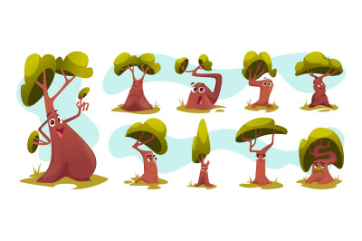 Tree character. Plants with expression faces old and young fairytale t