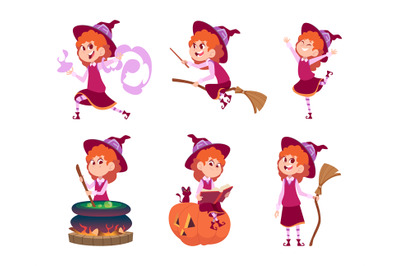 Little witch. Funny and scary little girl in purple dress different em