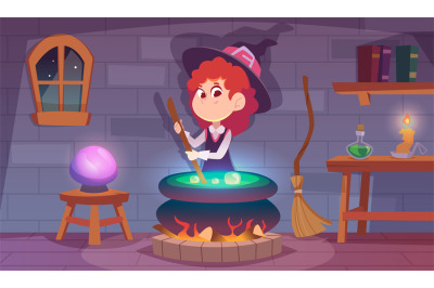 Scary witch. Funny little girl in purple hat and dress exact vector fa