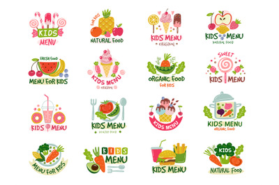 Kids menu logo. Emblem for kids restaurants with colored text and styl