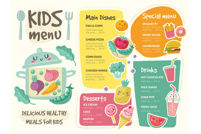Menu for kids. Restaurant template menu print design with place for te