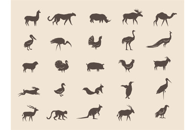 Animals silhouettes. Domestic and wild different stylized shapes of an