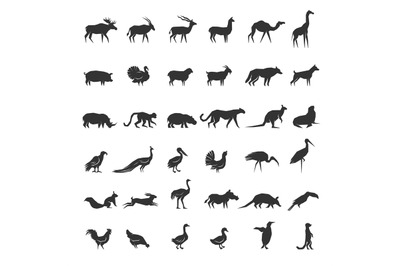 Animals. Different silhouettes of stylized wild and domestic monochrom