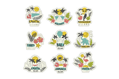 Island logo. Tropical exotic islands relaxed places in jungle with bea