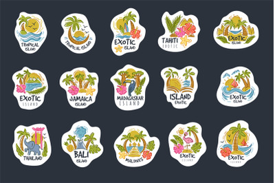 Island badges. Exotic places on beach for beautiful relax time recent
