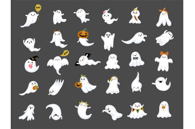Little ghosts. Facial expressions of creepy happy ghosts recent vector