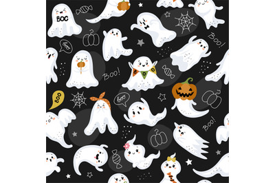 Ghosts pattern. Scary ghosts collection with emotions on seamless cart