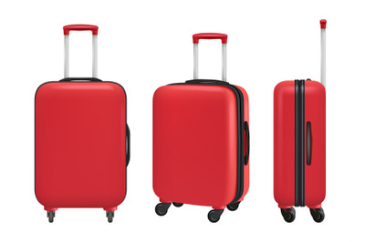 Travel suitcase. Realistic plastic trolley bags different points view