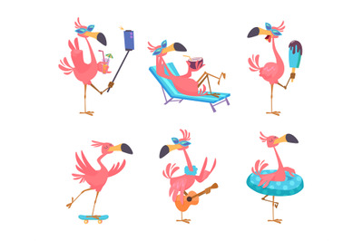 Flamingo cartoon. Cute funny exotic tropical birds in action poses exa