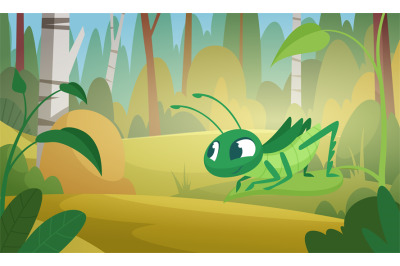 Nature background grasshopper. Cartoon grass landscape with funny inse